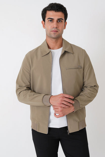 Slim Fit Önü Fermuarlı Etek Kol Ribanalı Esnek Bej Mont Mt 184