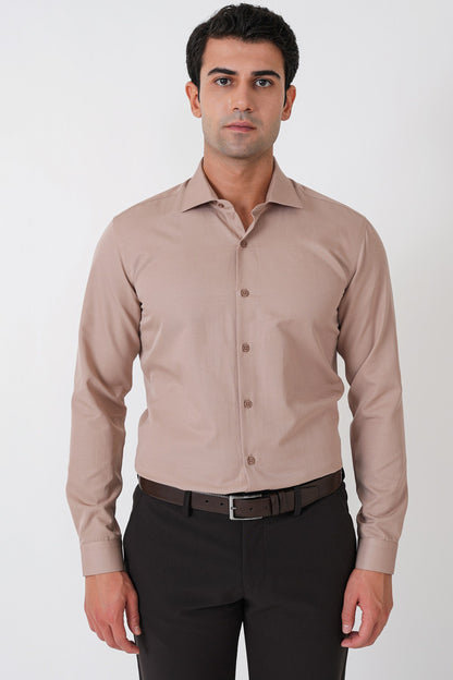 Slim Fit Pamuk Saten Klasik Bej Gömlek Gk 604