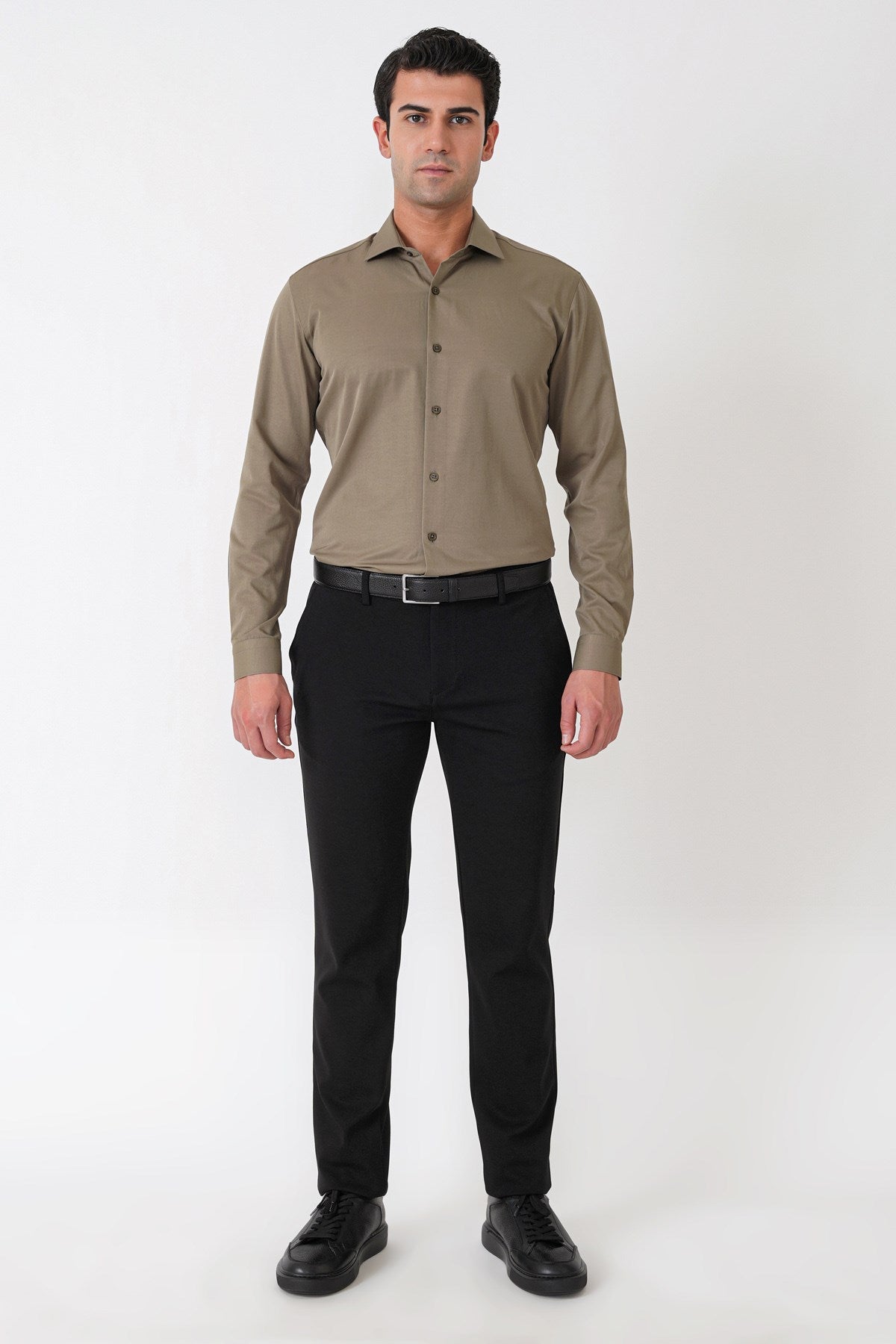 Slim Fit Pamuk Saten Klasik Haki Gömlek Gk 604