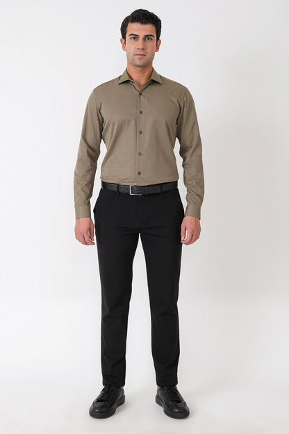 Slim Fit Pamuk Saten Klasik Haki Gömlek Gk 604