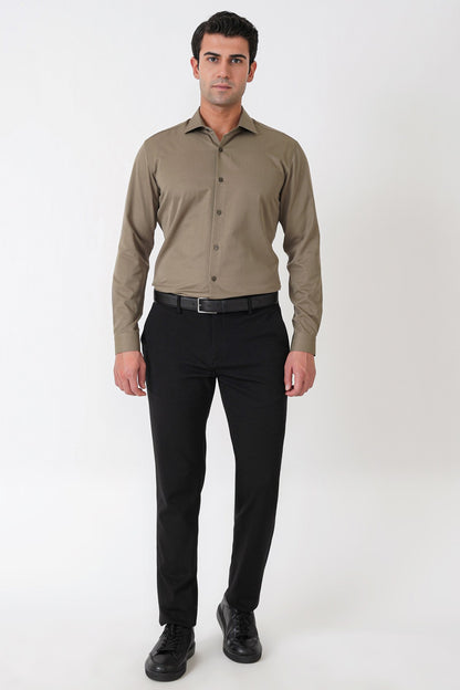 Slim Fit Pamuk Saten Klasik Haki Gömlek Gk 604