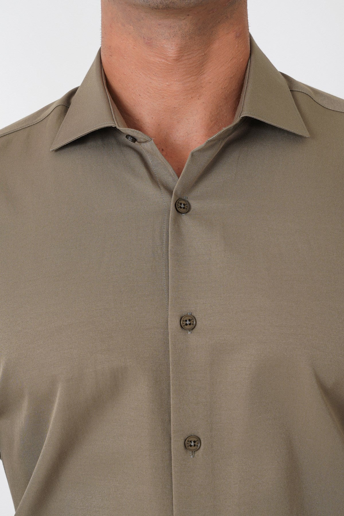 Slim Fit Pamuk Saten Klasik Haki Gömlek Gk 604