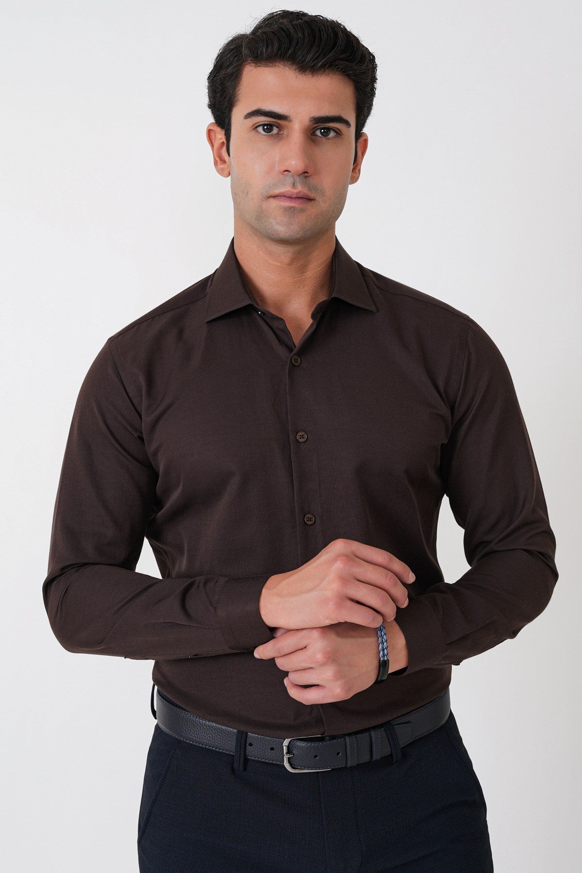 Slim Fit Pamuk Saten Klasik Kahverengi Gömlek Gk 604