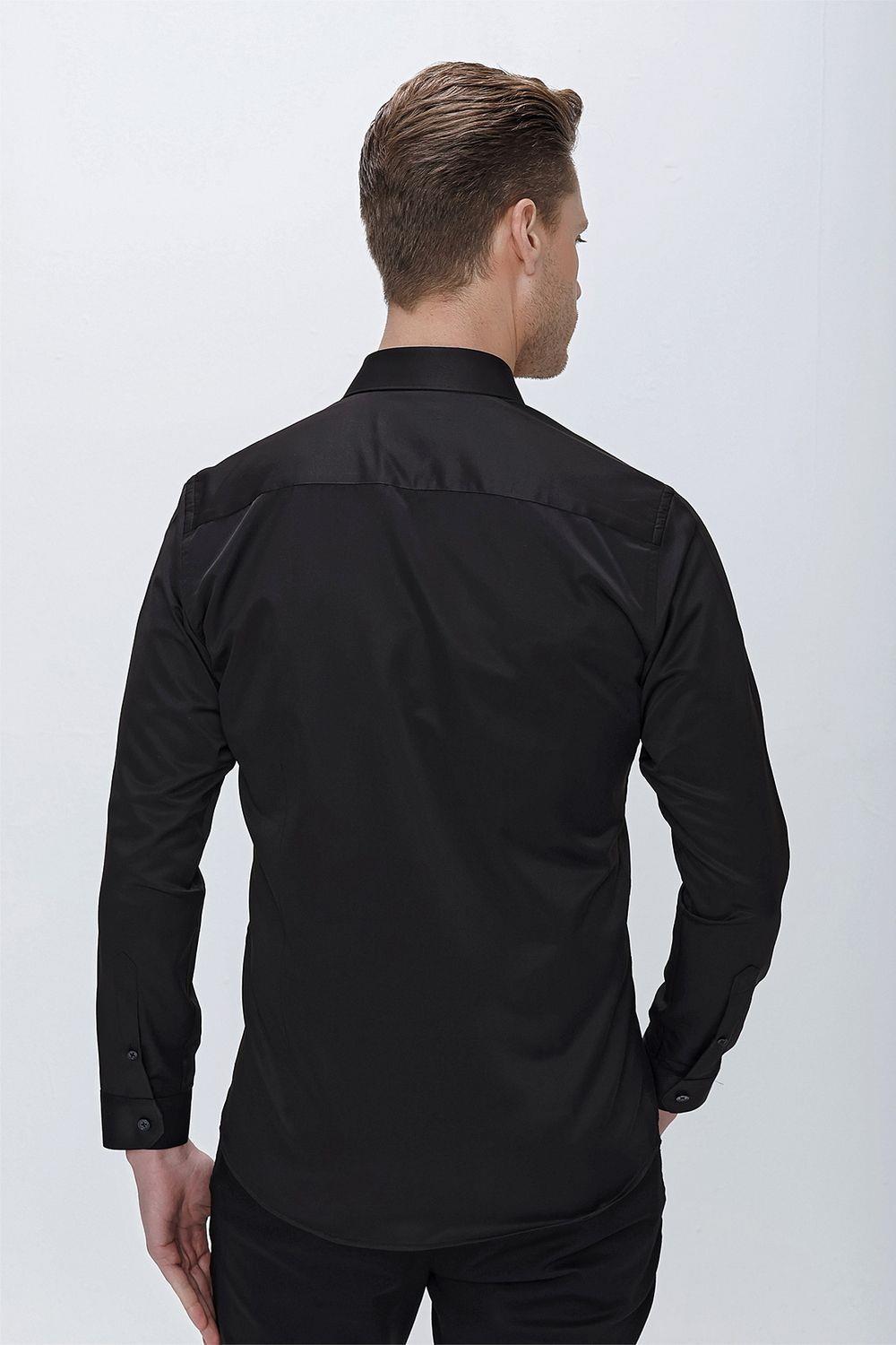 Gk 624 Slim Fit Pamuk Saten Klasik Siyah Gömlek