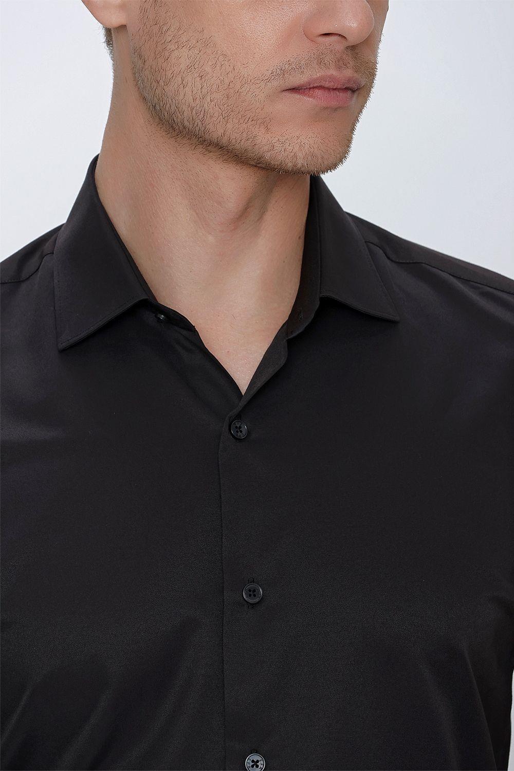 Gk 624 Slim Fit Pamuk Saten Klasik Siyah Gömlek