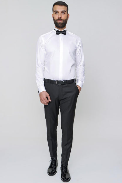 P 1091 Slim Fit Pilesiz Yan Cepli Esnek Yün Siyah Kumaş Pantolon