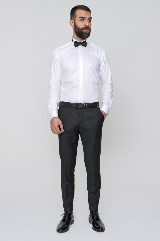 P 1091 Slim Fit Pilesiz Yan Cepli Esnek Yün Siyah Kumaş Pantolon