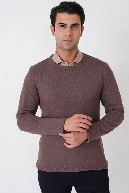 Slim Fit Ribanalı Düz Sütlü Kahve Yünlü Bisiklet Yaka Triko Kazak Tr 900