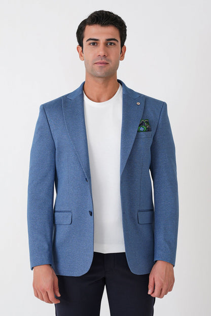 Slim Fit Sivri Yaka Çift Yırtmaçlı Esnek Yünlü Indigo Ceket C 746