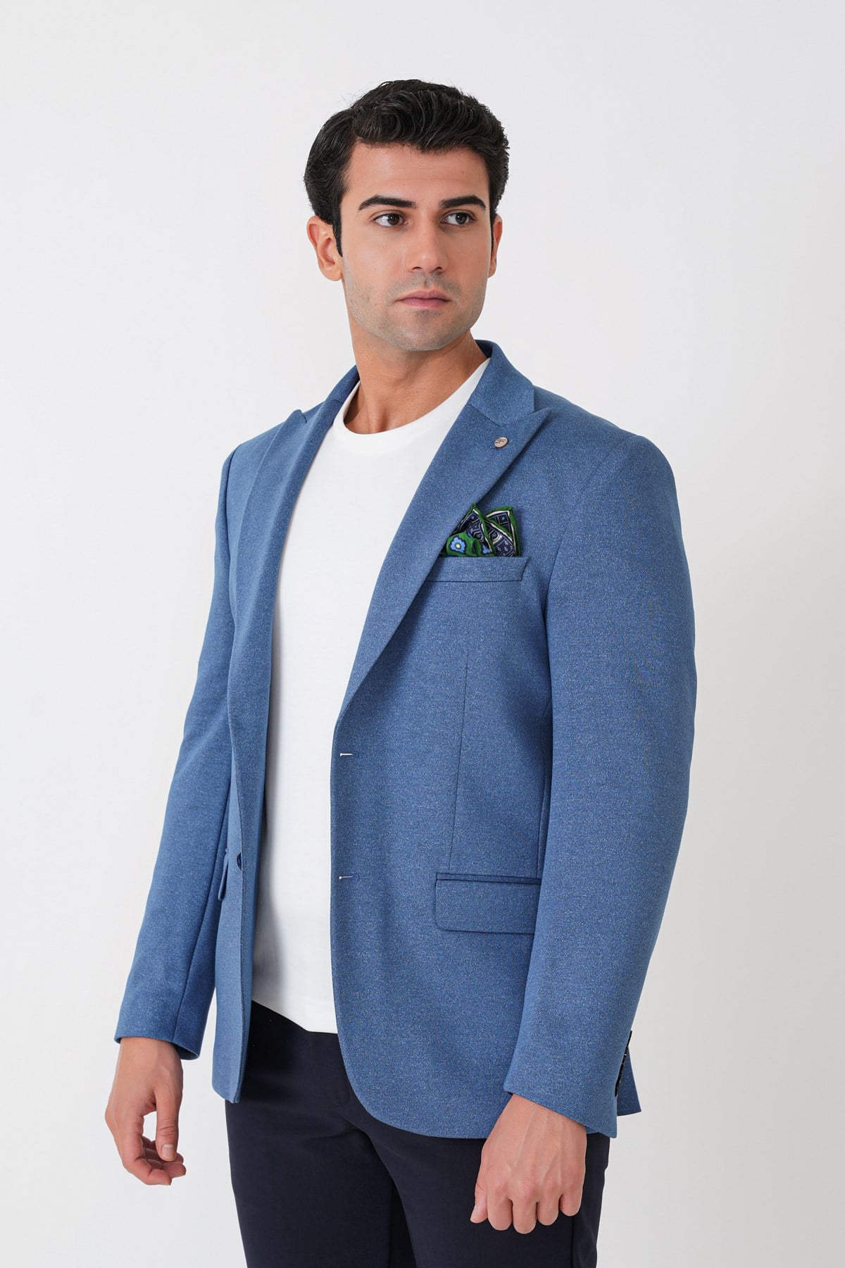 Slim Fit Sivri Yaka Çift Yırtmaçlı Esnek Yünlü Indigo Ceket C 746