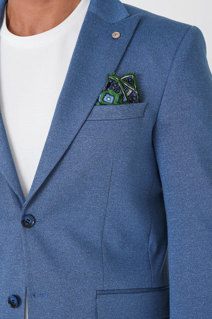Slim Fit Sivri Yaka Çift Yırtmaçlı Esnek Yünlü Indigo Ceket C 746