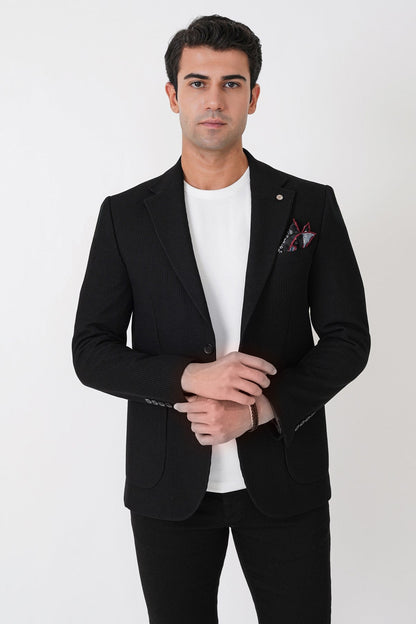 Slim Fit Torba Cepli Fitilli Dokuma Esnek Yünlü Siyah Ceket C 747
