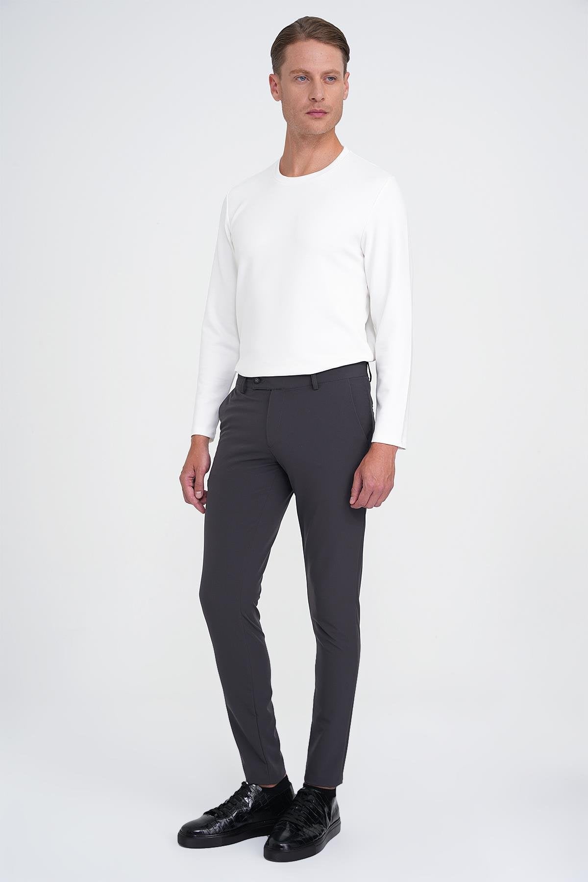 P 1144 Slim Fit Yan Cepli Düz Esnek Casuel Antrasit Pantolon