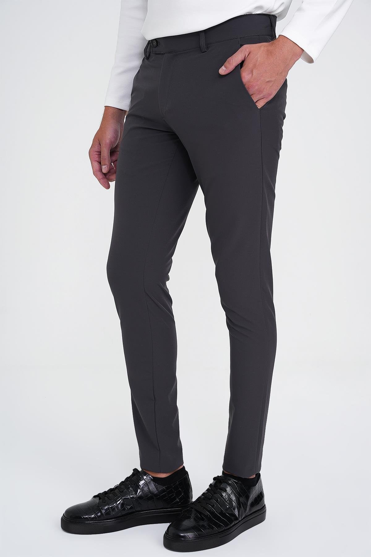 P 1144 Slim Fit Yan Cepli Düz Esnek Casuel Antrasit Pantolon