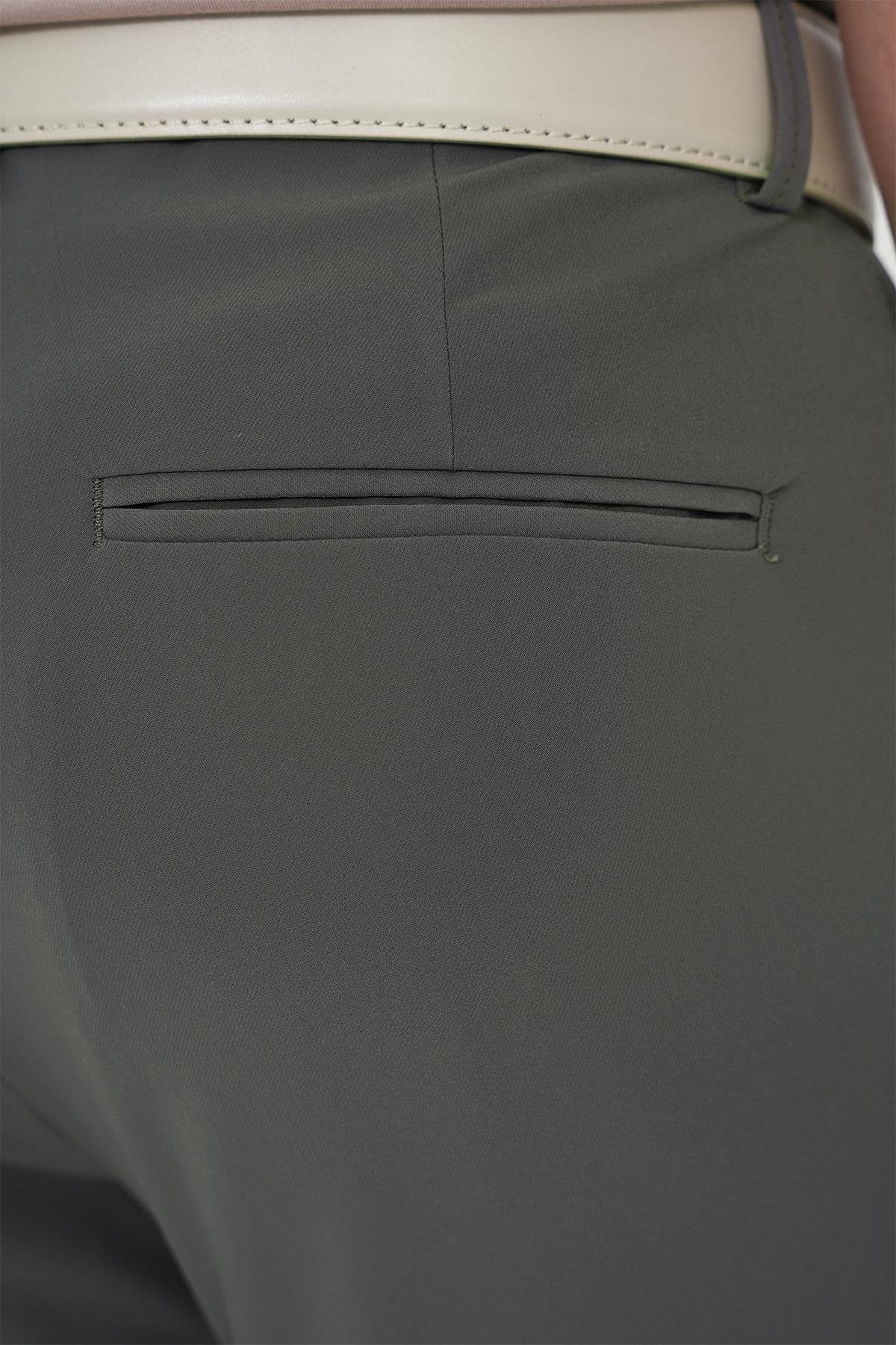 Slim Fit Yan Cepli Esnek Düz Haki Pamuk Pantolon P 1197