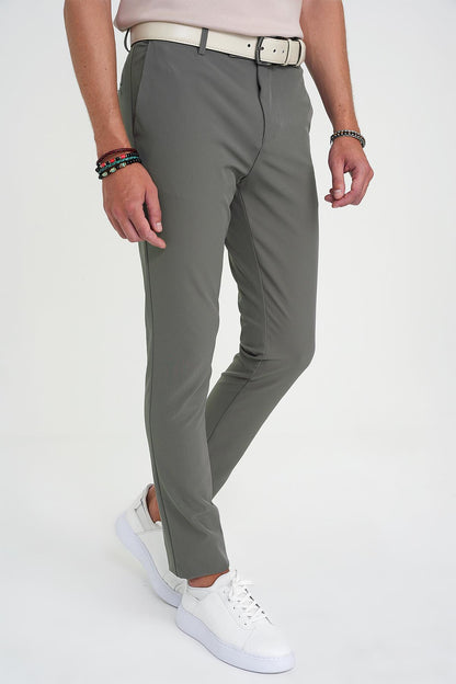 Slim Fit Yan Cepli Esnek Düz Haki Pamuk Pantolon P 1197