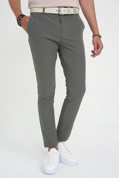 Slim Fit Yan Cepli Esnek Düz Haki Pamuk Pantolon P 1197