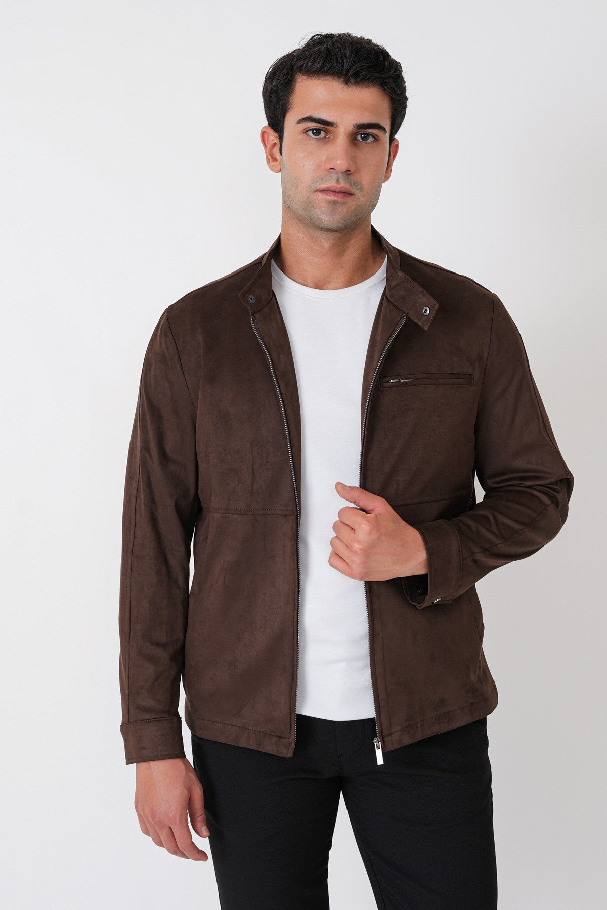 Slim Fit Yan Cepli Hakim Yaka Kahverengi Süet Mont Mt 187