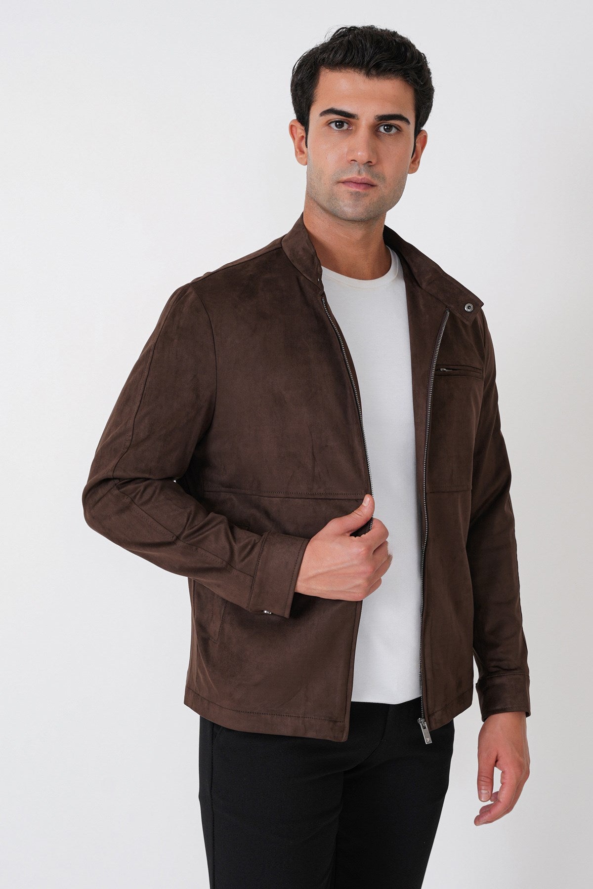 Slim Fit Yan Cepli Hakim Yaka Kahverengi Süet Mont Mt 187