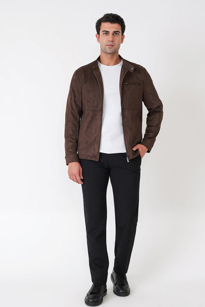 Slim Fit Yan Cepli Hakim Yaka Kahverengi Süet Mont Mt 187