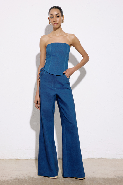 Straplez Denim Dokulu Crop Mavi Büstiyer