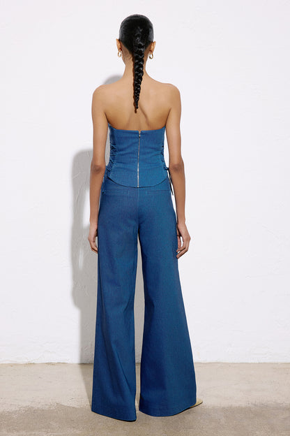 Straplez Denim Dokulu Crop Mavi Büstiyer