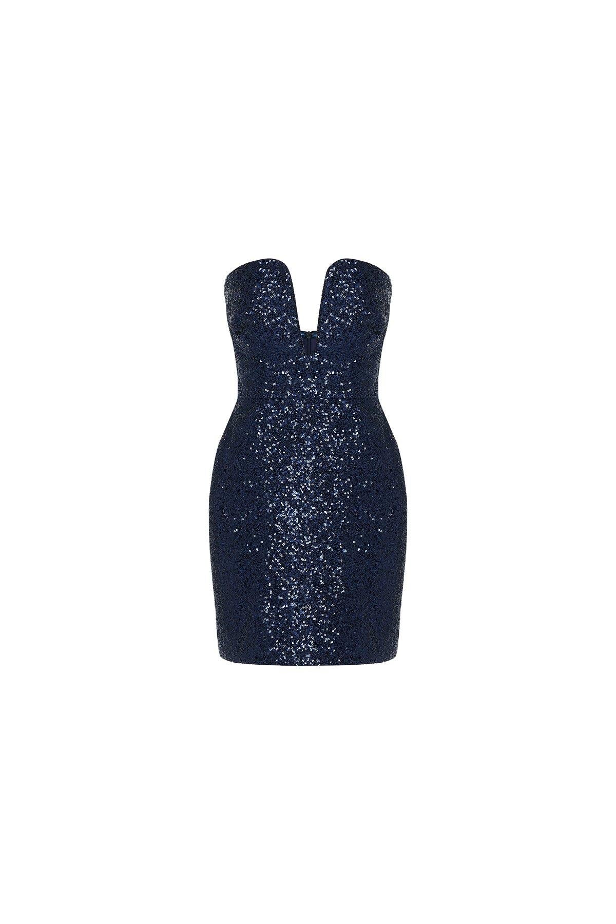 Straplez Payet Lacivert Mini Elbise