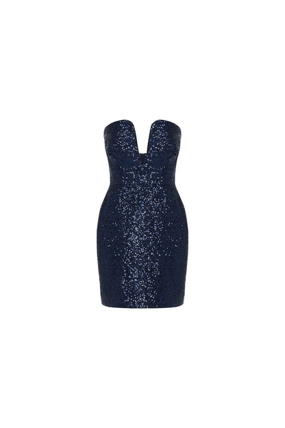 Straplez Payet Lacivert Mini Elbise