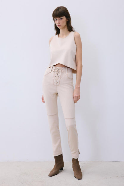 Süet Kontrast Dikişli Crop Bej Bluz