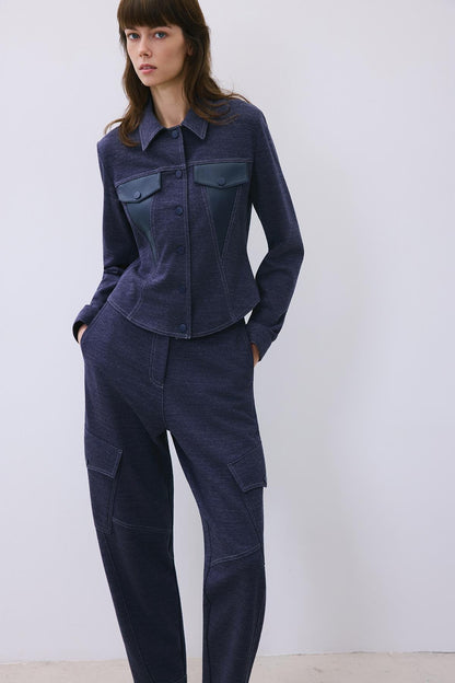 Suni Deri Detaylı Indigo Triko Gömlek