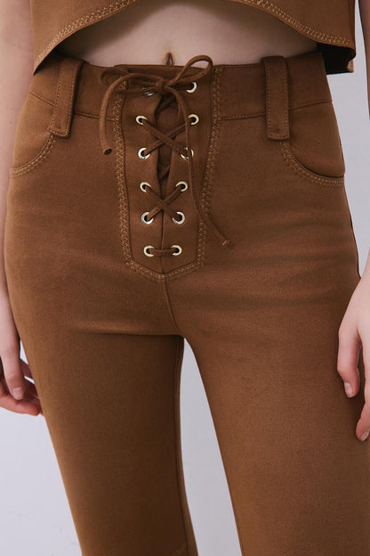 Süs Dikişli Süet Dar Paça Kahve Pantolon