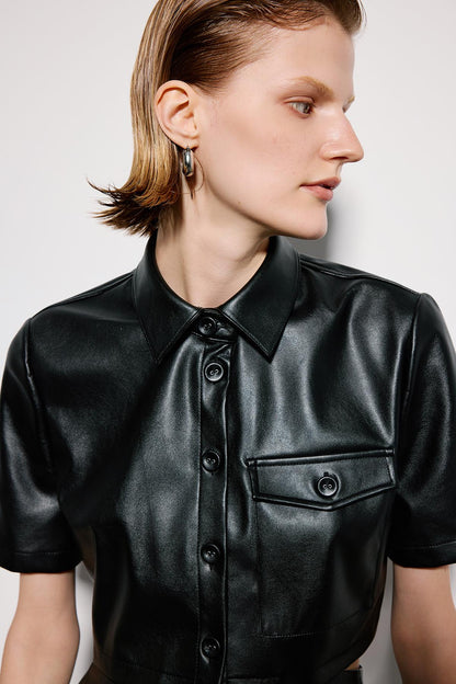 Tek Cepli Siyah Suni Deri Crop Gömlek