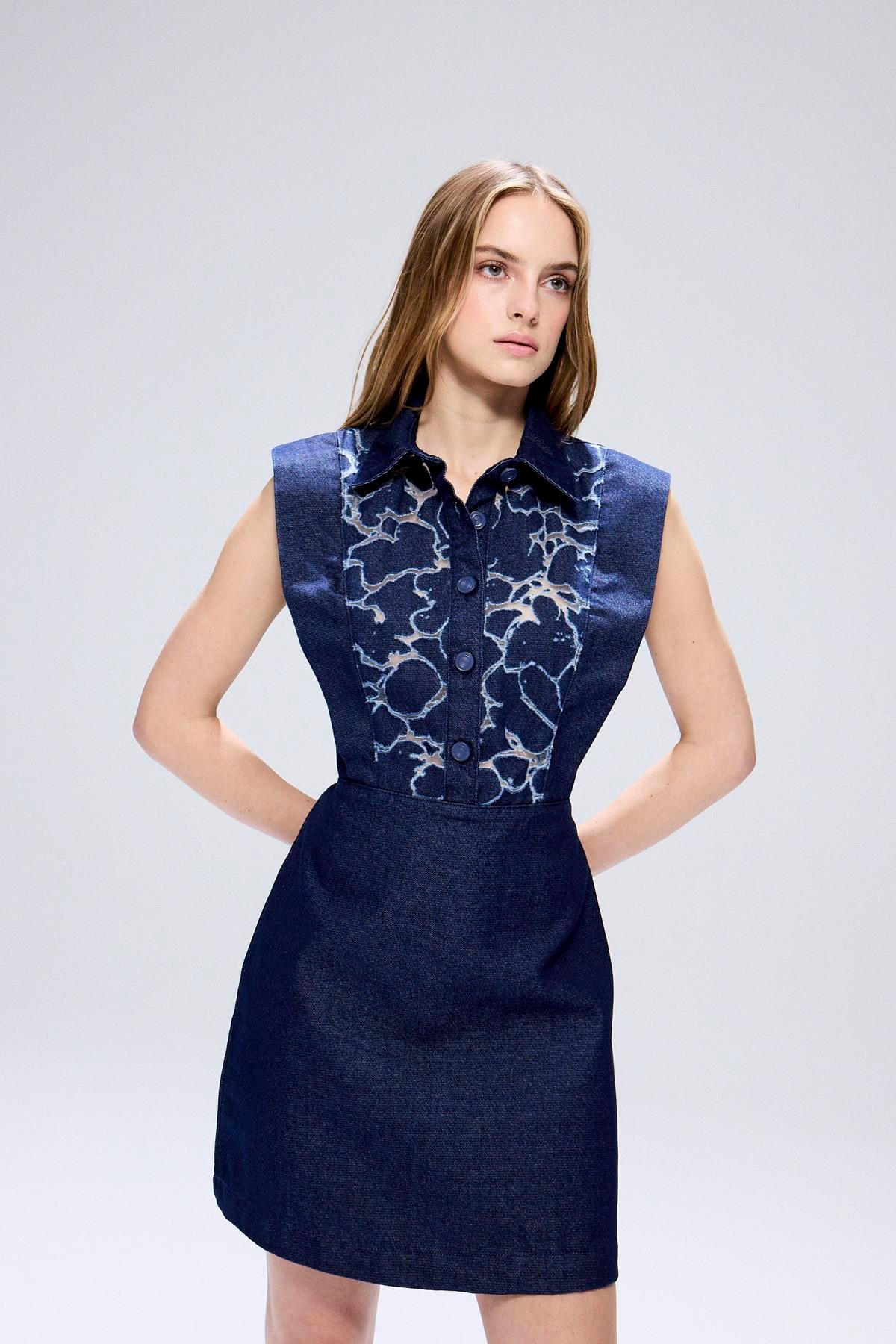 Transparan Detaylı Denim Lacivert Mini Elbise