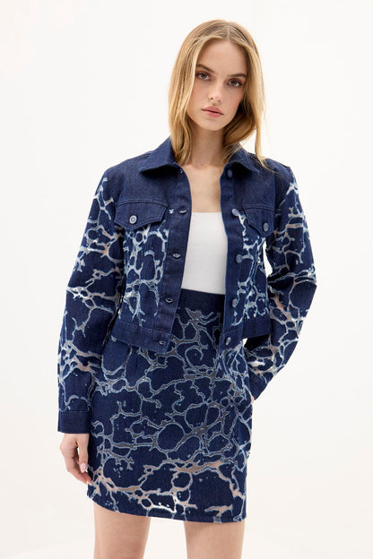 Transparan Detaylı Denim Lacivert Mini Etek