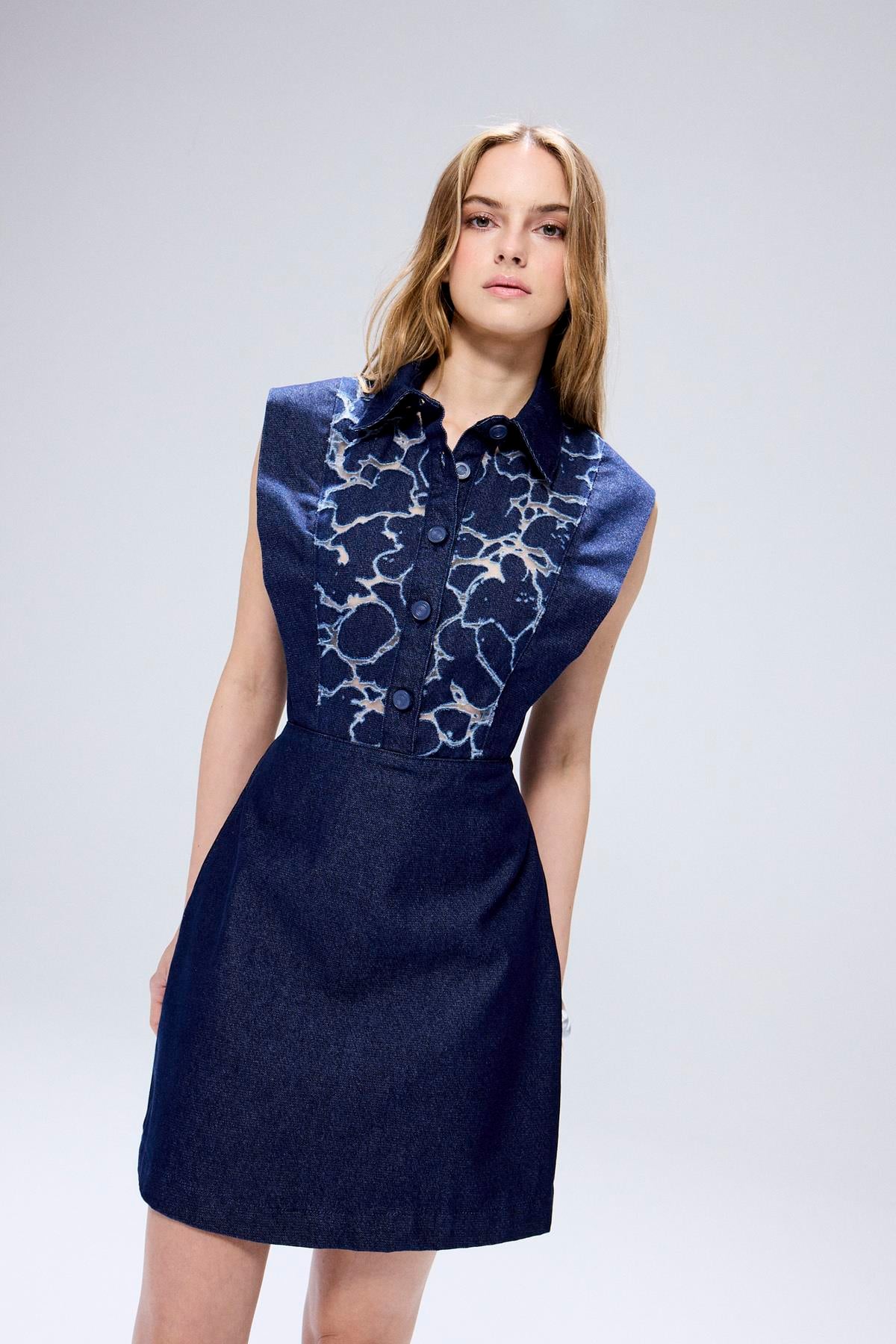 Transparan Detaylı Denim Lacivert Mini Elbise