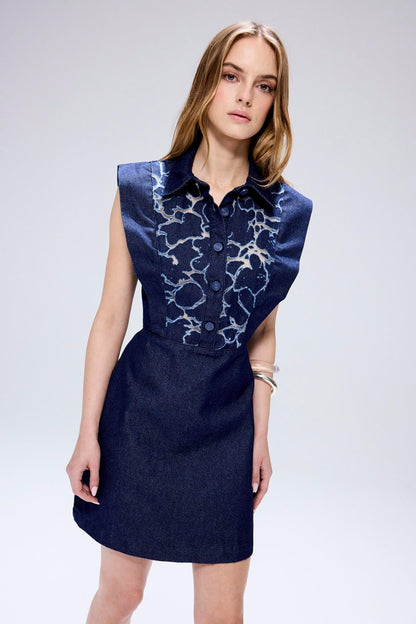Transparan Detaylı Denim Lacivert Mini Elbise