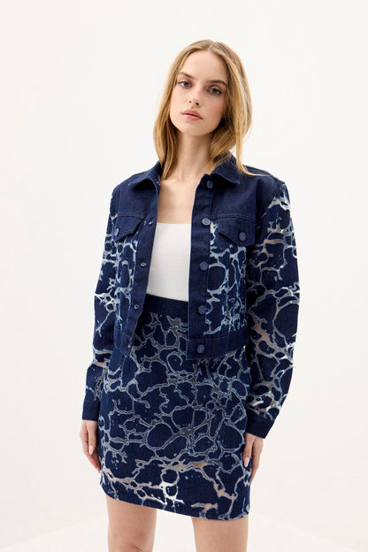Transparan Detaylı Mavi Denim Crop Ceket