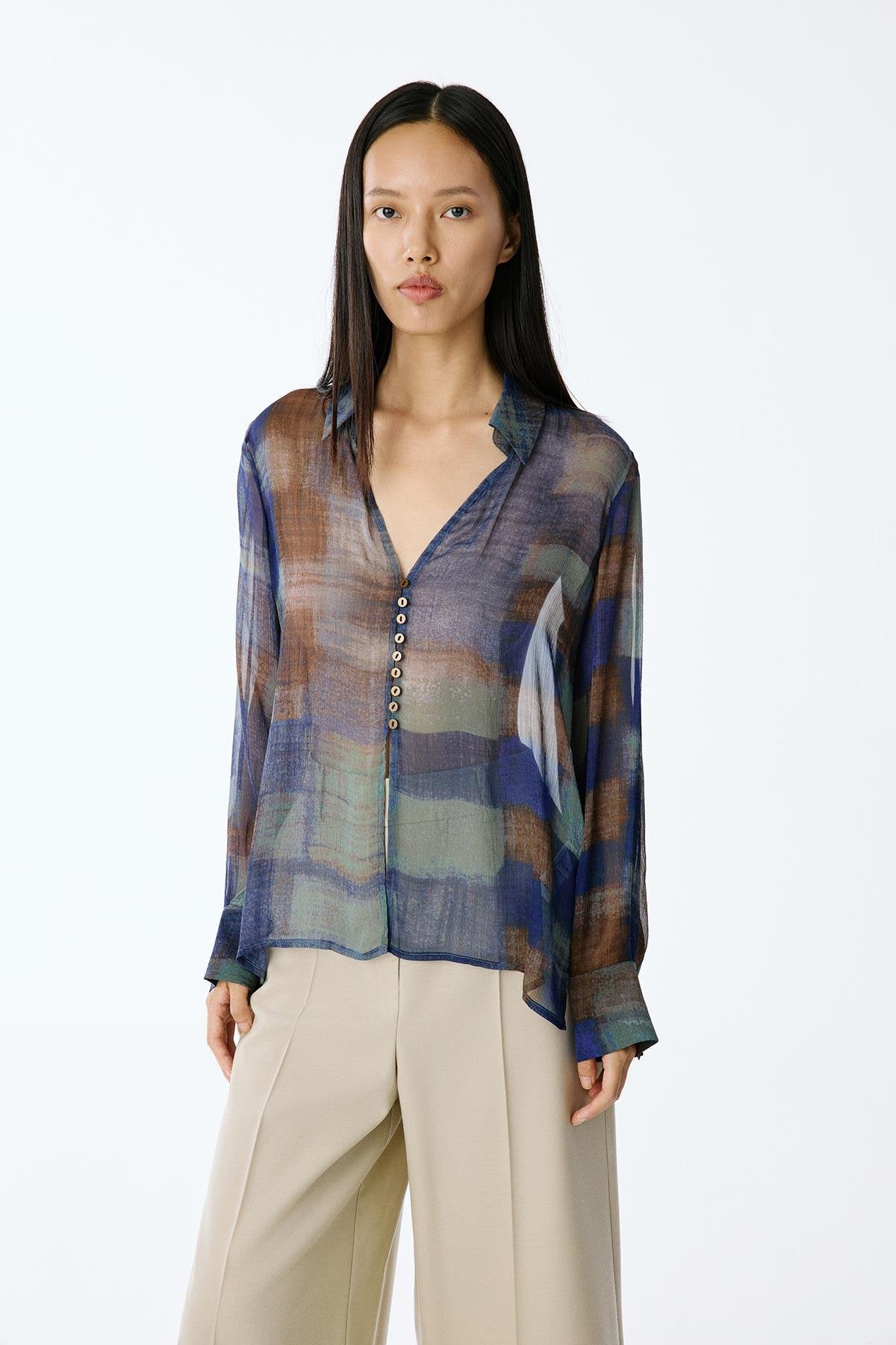 Transparan Yan Yırtmaçlı Desenli Gömlek