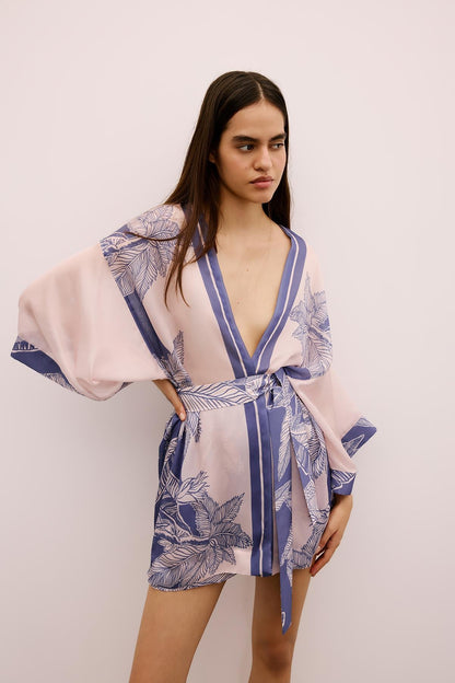 Tropikal Desenli Kuşaklı Mor Kimono