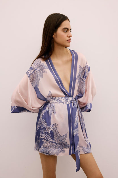 Tropikal Desenli Kuşaklı Mor Kimono