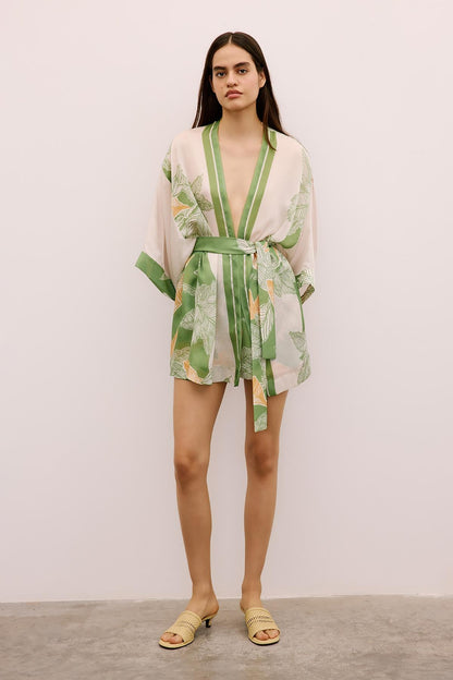 Tropikal Desenli Kuşaklı Yeşil Kimono