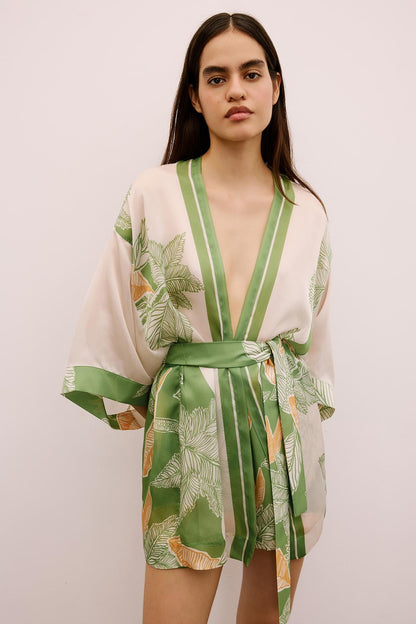 Tropikal Desenli Kuşaklı Yeşil Kimono
