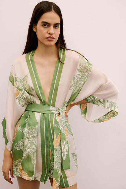 Tropikal Desenli Kuşaklı Yeşil Kimono