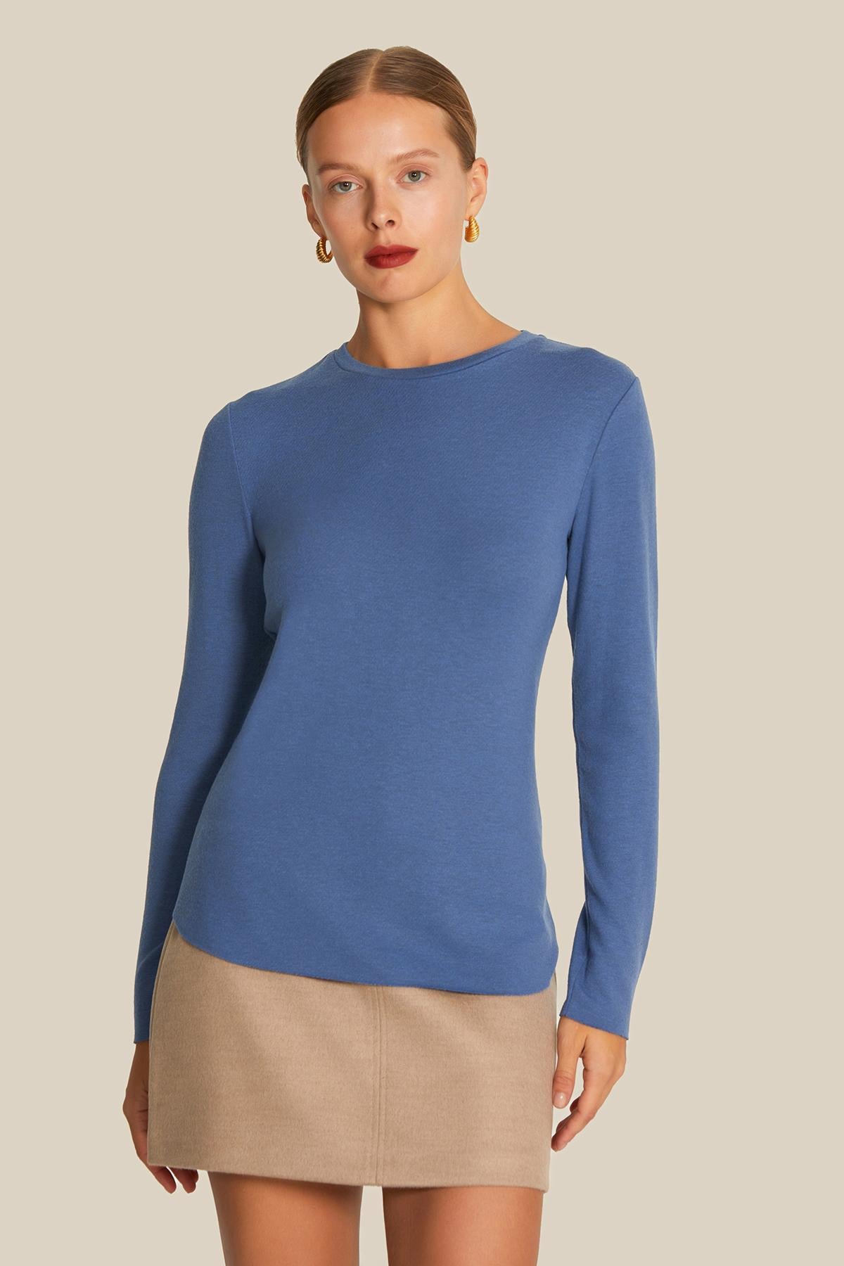 Uzun Kollu Basic Indigo Bluz