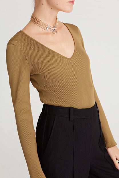 Haki V Yaka Uzun Kollu Triko Body