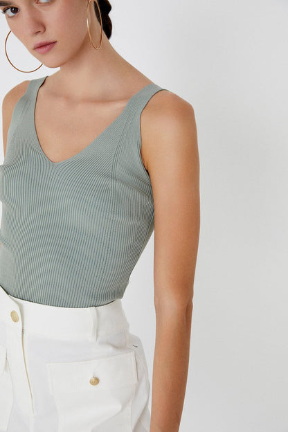 V Yaka Örgü Mint Triko Crop Büstiyer