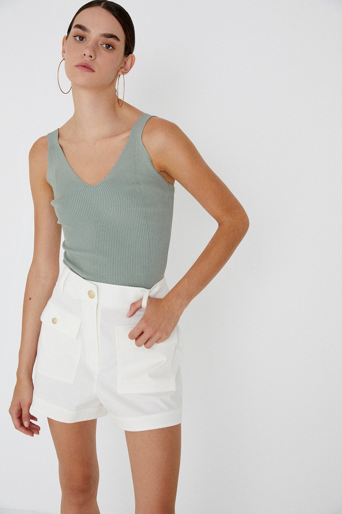 V Yaka Örgü Mint Triko Crop Büstiyer