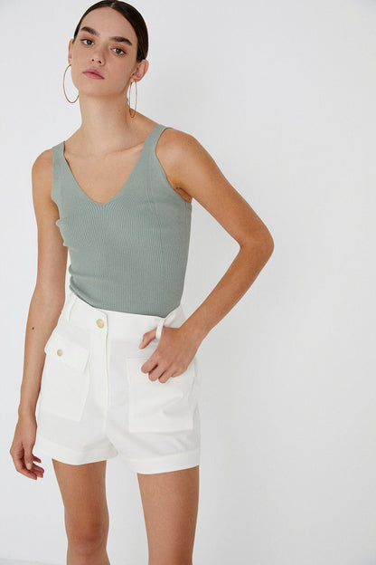 V Yaka Örgü Mint Triko Crop Büstiyer