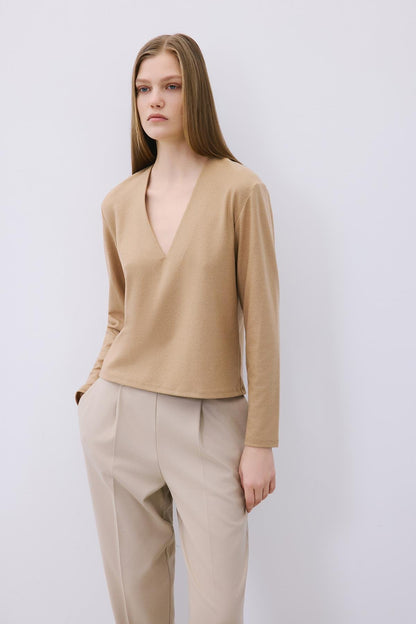 V Yaka Basic Camel Triko Bluz