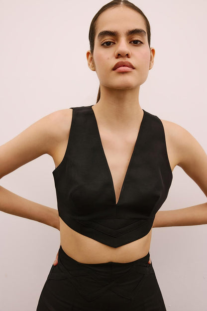 V Yaka Kolsuz Siyah Crop Bluz